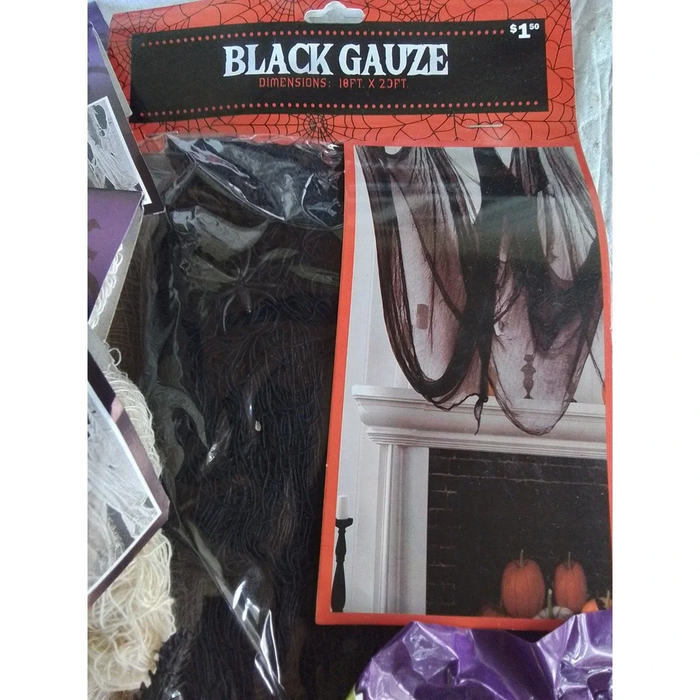 Halloween Decor Lot Creepy Cloth Black Gauze Spider Web and Large Spiders Bundle